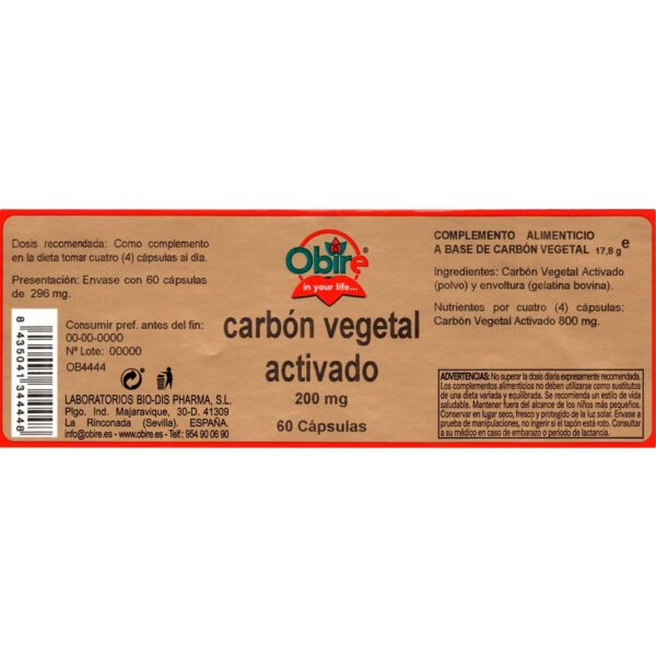 Carbón vegetal activado 200 mg etiqueta