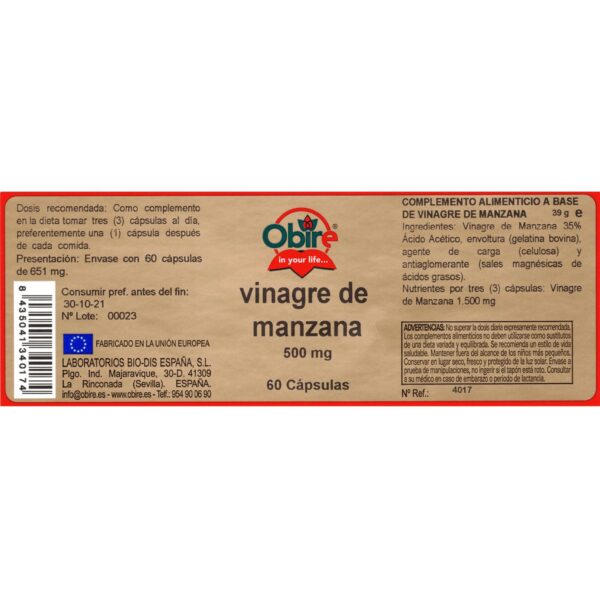 Vinagre de manzana 500 mg 60 cápsulas - Imagen 2